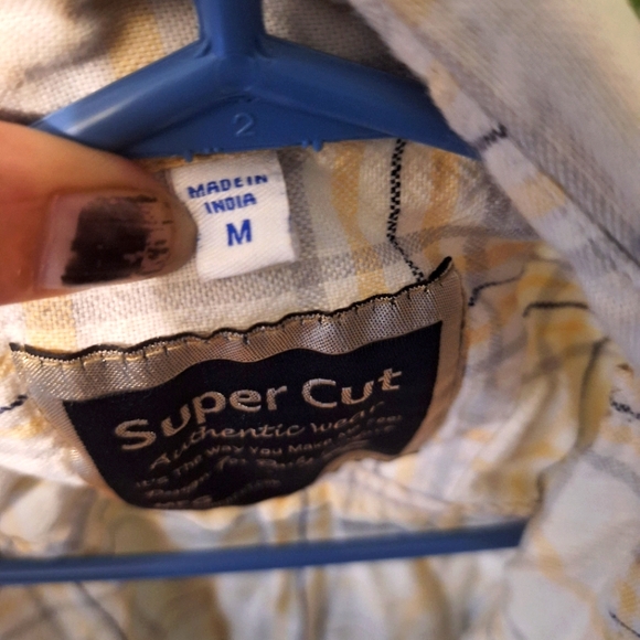 Yellow/blue plaid coarse cotton button up shirt - Picture 7 of 8